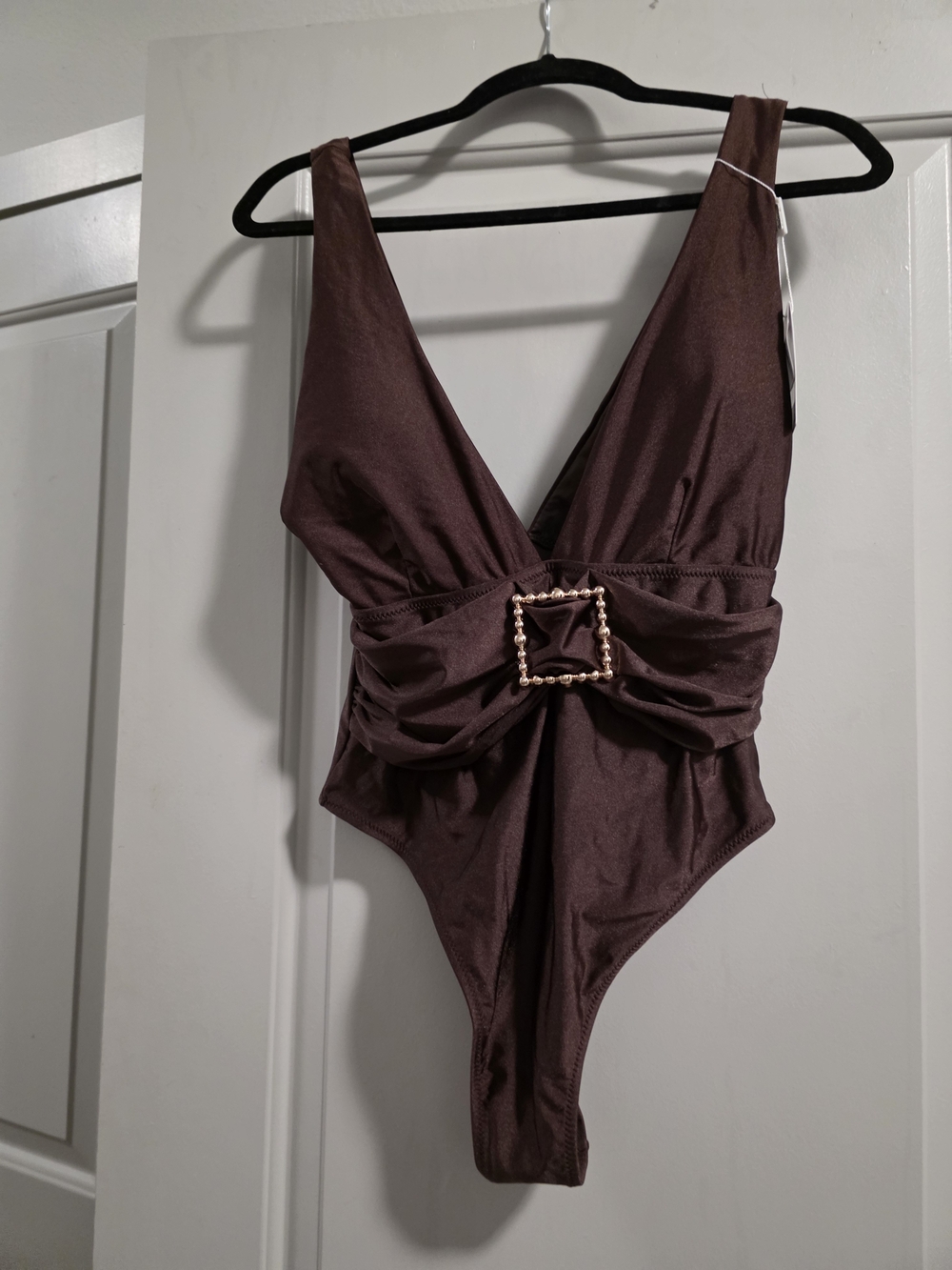 High-Cut One-Piece Swimsuit with Decorative Buckle - Brown